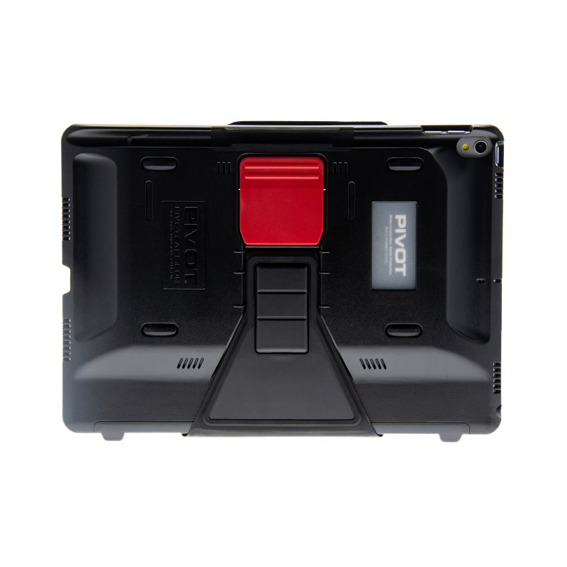 A black protective tablet case with a triangular kickstand and a red clasp in the center. The brand name "PIVOT" is visible on the back. The PRO 105, which fits iPad Pro 10.5-inch and iPad Air (3rd gen.), has rugged, reinforced corners and cutouts for the camera and other ports.