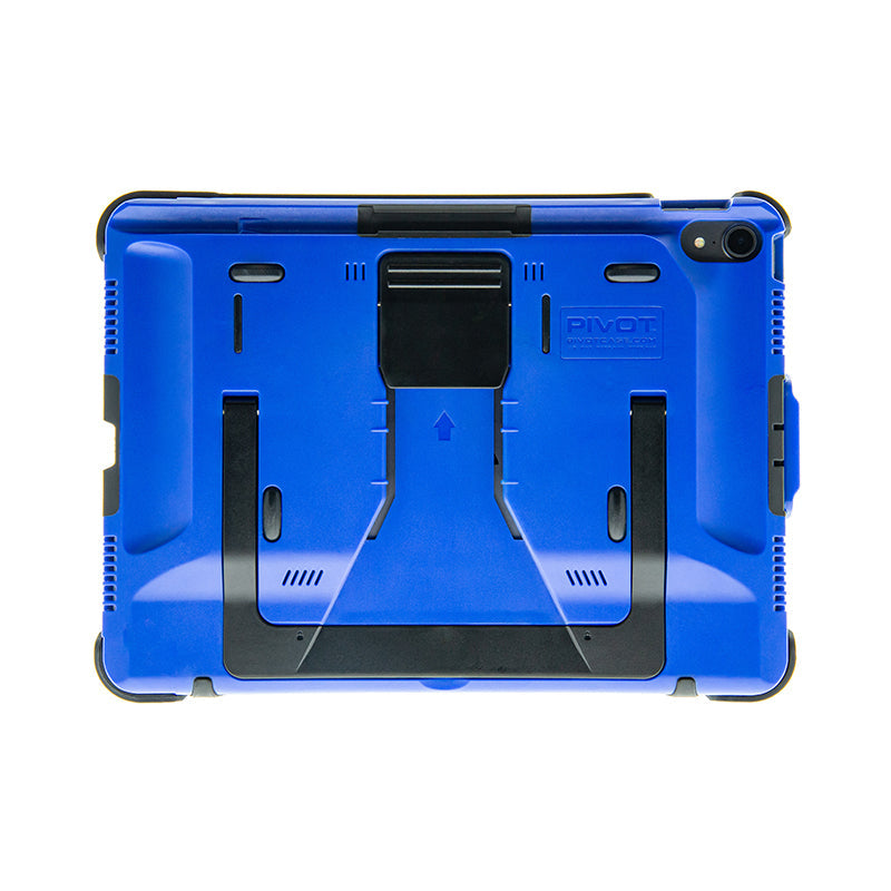 A blue protective tablet case with a rugged design, featuring reinforced corners and a built-in kickstand. The case is labeled with the brand "PIVOT" and fits the iPad Pro 11-inch, 1st generation. It has several cutouts for buttons, ports, and a camera. The kickstand is in the center of the back, branded as "PIVOT PRO 11 (1st generation).