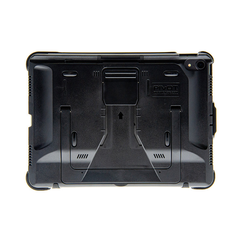 The image shows the back side of a black **PIVOT PRO 11 (1st generation)** case, featuring a rugged design with reinforced corners, a central kickstand, and several slots and cutouts for ventilation and access to ports. The brand name "PIVOT" is embossed on it.