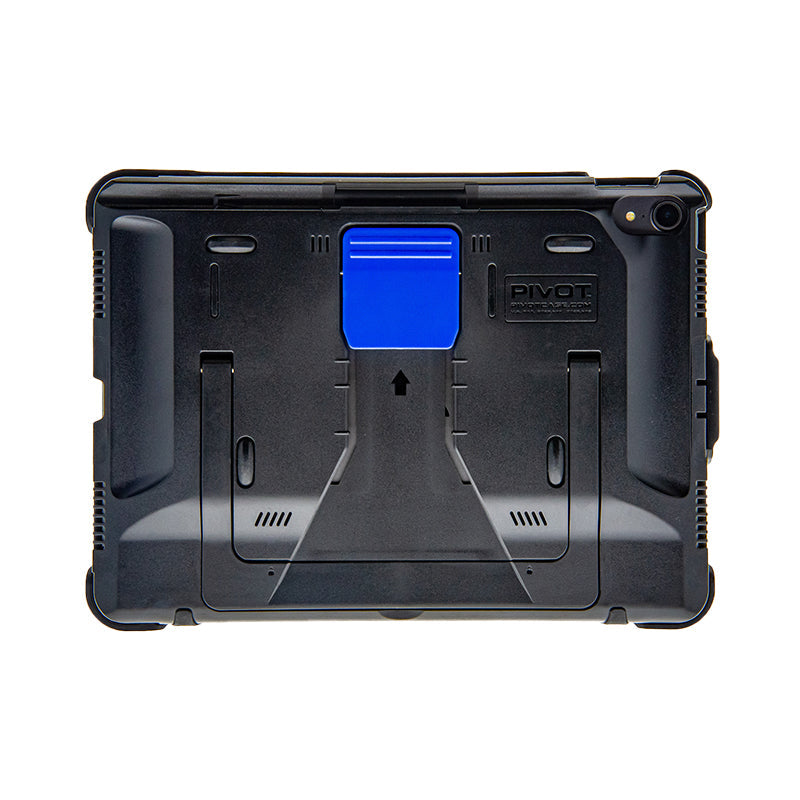 A rugged black protective case for a tablet, fitting the 1st generation iPad Pro 11-inch, featuring a blue stand or handle in the center. The stand has an arrow pointing upward and "PIVOT" branding is visible near the arrow. The edges of the case are reinforced for added durability. This is the PIVOT PRO 11 (1st generation) by PIVOT.