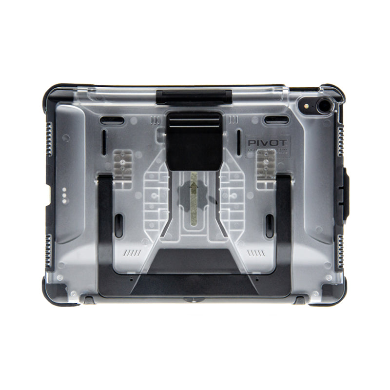 Clear, rugged tablet case with black accents and exposed internal components in a sleek, transparent design. Specifically fits the iPad Pro 11-inch (1st generation). The text "PIVOT" and model number are visible on the back. The PIVOT PRO 11 (1st generation) case has reinforced corners and a built-in kickstand for enhanced viewing angles.