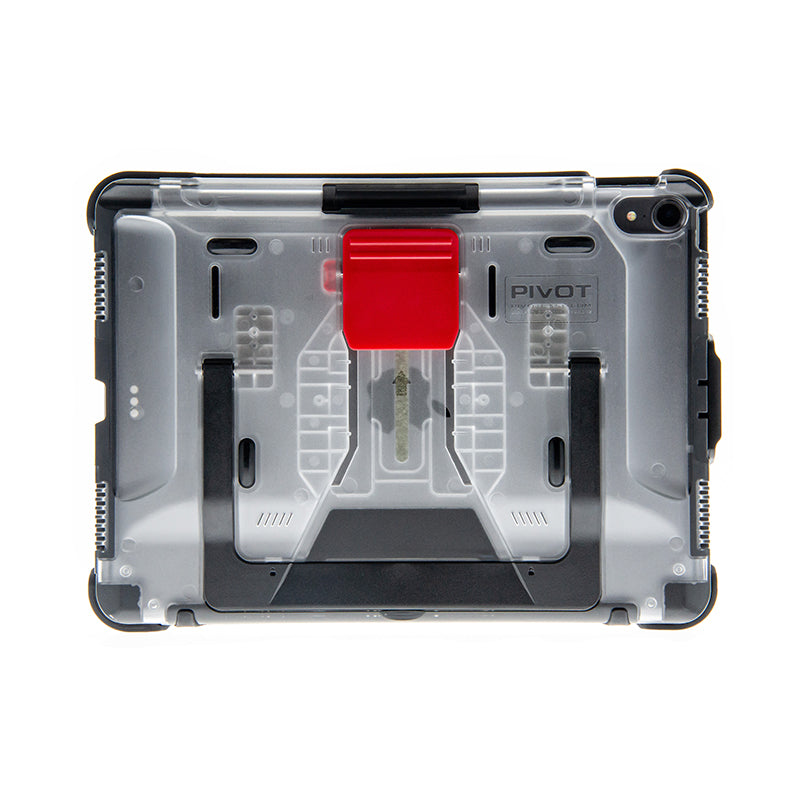 A close-up view of a transparent protective tablet case designed for the 1st generation PIVOT PRO 11, featuring a red latch and black kickstand. The rugged case boasts reinforced edges and cutouts for ports, clearly built for heavy-duty use. The word "PIVOT" is visible on the back.