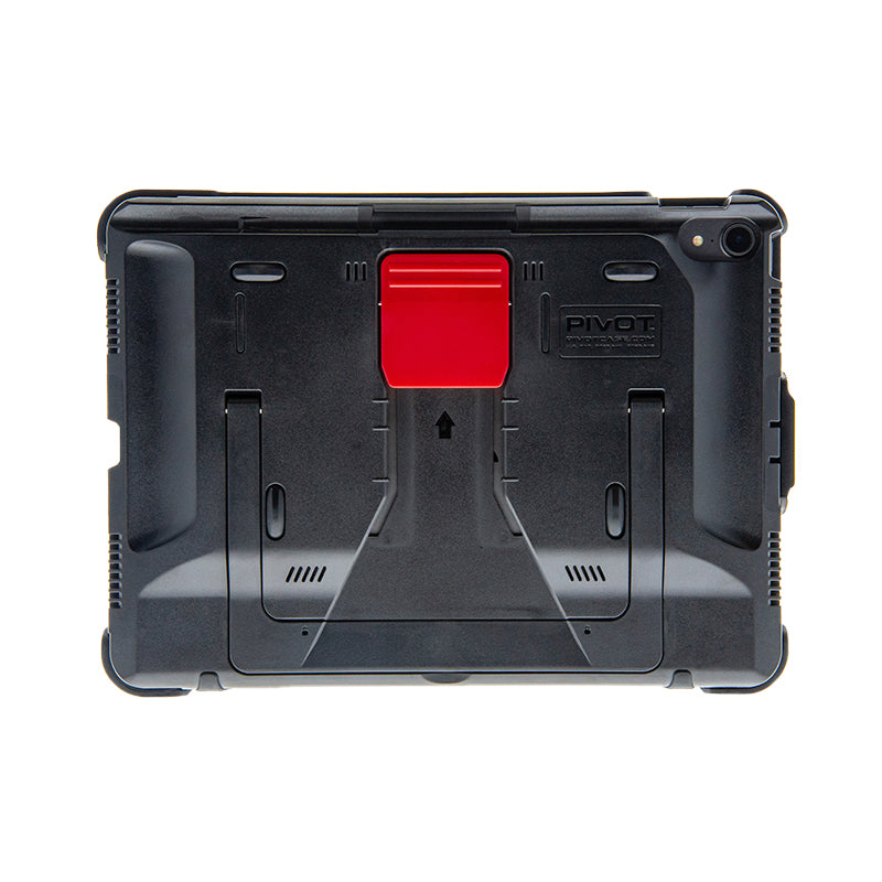 Back view of a black protective tablet case, fits 1st generation iPad Pro 11-inch, with a red stand mechanism in the center, positioned with the stand partially open. The PIVOT PRO 11 (1st generation) case features rugged design elements, including reinforced corners and text that reads “PIVOT” on the upper right.