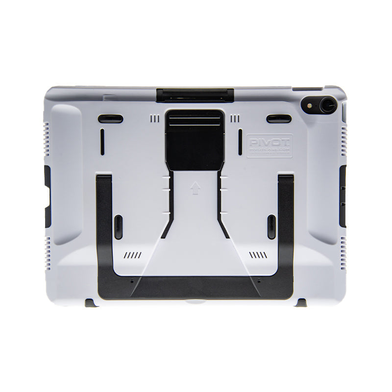 The image shows the back view of a white and black rugged tablet case designed to fit the iPad Pro 11-inch, 1st generation, with an integrated stand and reinforced corners. The brand name "PIVOT" is embossed on the upper right corner.