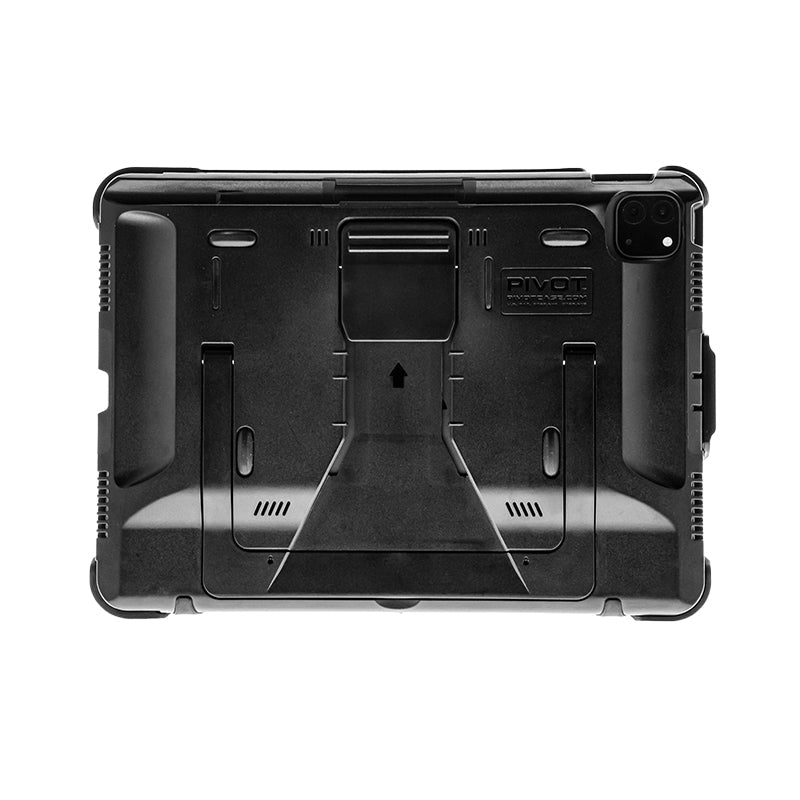 A black, rugged case designed for an electronic device, such as an iPad Pro 11-inch or iPad Air (4th gen.). The PIVOT A20A features a built-in stand and reinforced edges for extra protection. The back showcases various textured surfaces and cutouts for the device's camera and other components.