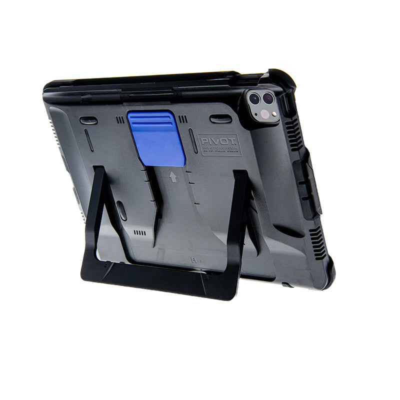 A sturdy black tablet case is shown with a built-in kickstand in an open position, compatible with the PIVOT PRO 11 (2nd generation). The case includes a blue accent at the top and provides reinforced protection around the corners and edges of the tablet. The kickstand features an arrow for directional guidance.