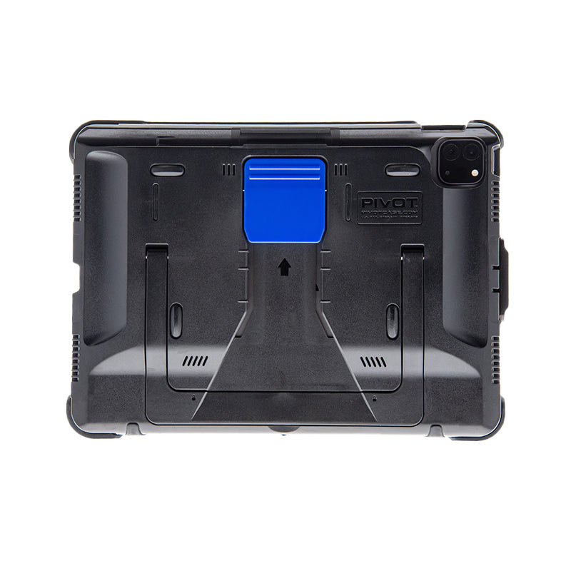 A rugged tablet case designed for PRO 11 (2nd generation), featuring a blue kickstand positioned at the center. The case includes reinforced corners and cutouts for the camera and ports. The brand name "PIVOT" is visible in the upper right corner.