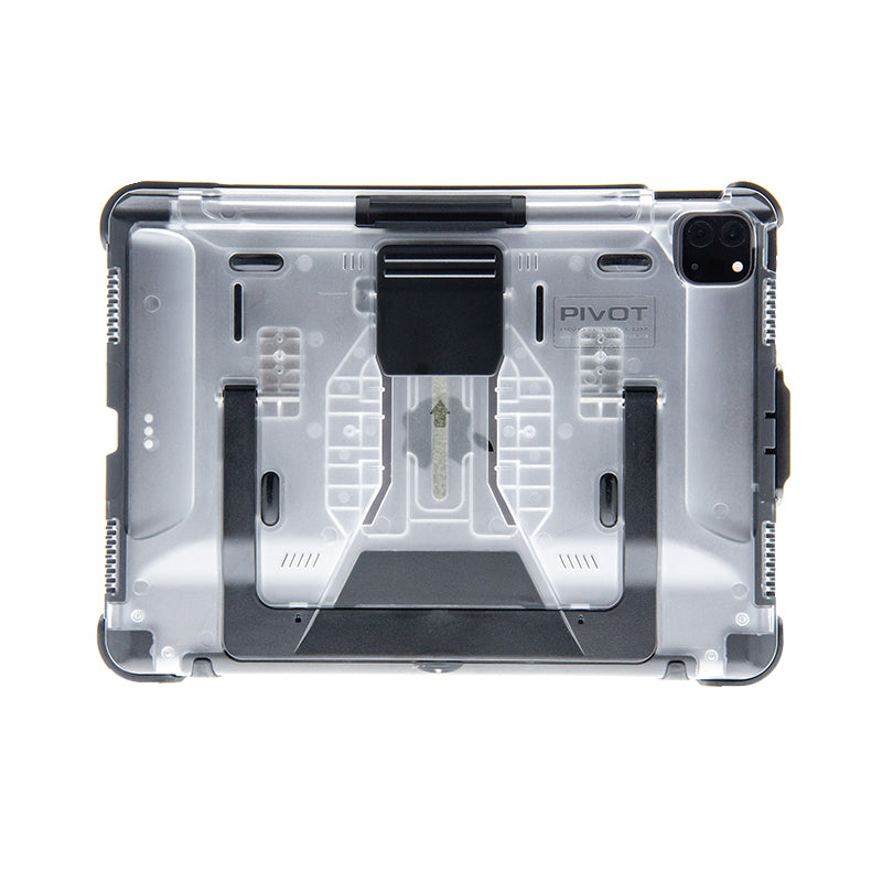 A clear, rugged tablet case designed for protection and functionality, perfect for the iPad Pro 11-inch (1st and 2nd generation). The PIVOT PRO 11 (2nd generation) by PIVOT has a black grip handle and built-in stand, allowing for easy carrying and versatile positioning. The transparent back reveals some internal components of the tablet.