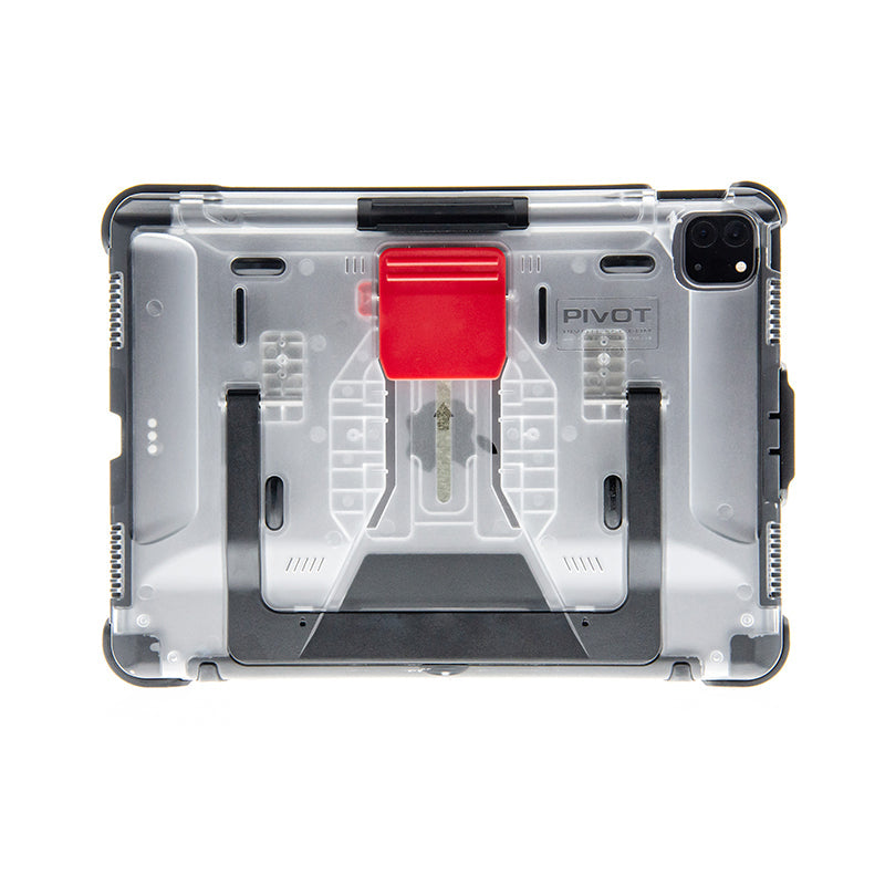 A transparent case for the 4th gen. iPad Air, called the A20A by PIVOT, is shown with a rugged design. It features a red hinge mechanism labeled "PIVOT" and an integrated black kickstand at the bottom. The case has reinforced corners for added protection and precise openings for ports and buttons.