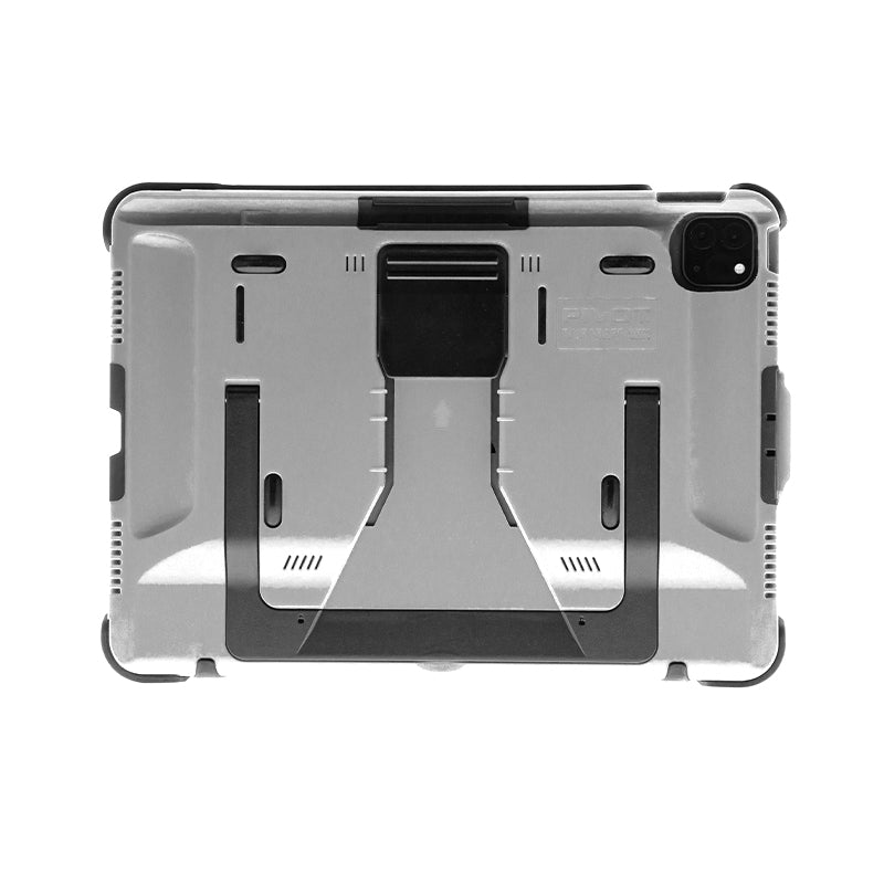 A rugged tablet case for the 1st-2nd generation 11-inch iPad Pro, featuring a built-in stand and reinforced corners. The primarily silver design with black accents boasts a sturdy, industrial aesthetic. The rear view highlights the camera cutout and ventilation slots. Introducing the PIVOT PRO 11 (2nd generation) by PIVOT.