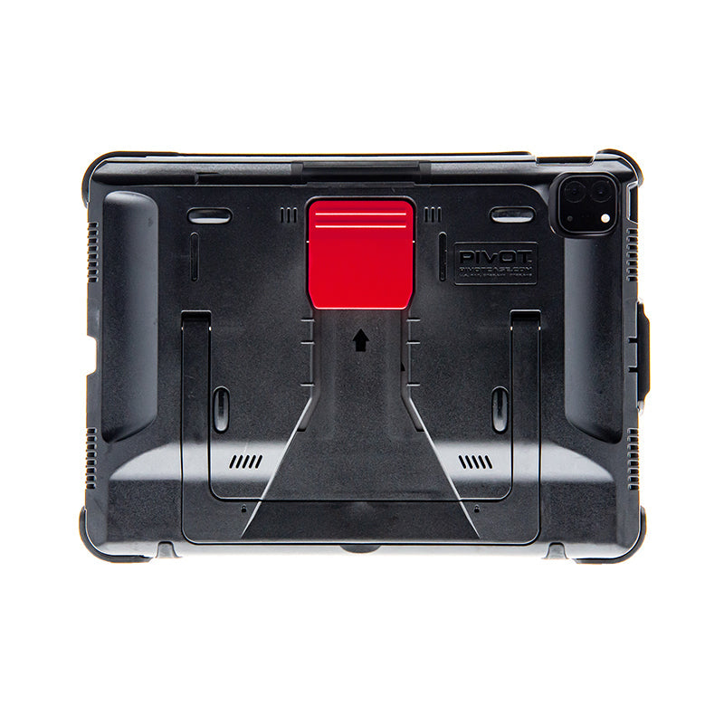 A black rugged tablet case for the 1st-2nd generation 11-inch iPad Pro, featuring reinforced edges and a visible red latch on the back that is part of a device stand mechanism. The PIVOT PRO 11 (2nd generation) case by PIVOT has various slots and cutouts designed for accessibility and ventilation.