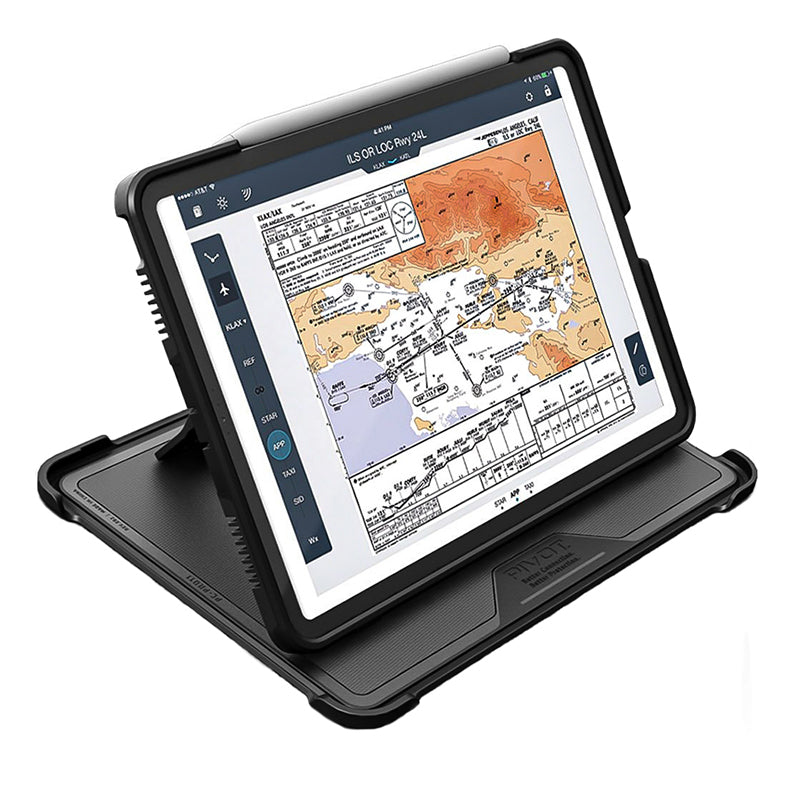 A PIVOT PRO 11 (2nd generation) in a black protective case is displayed on a stand. The screen shows a navigational map with various markings, grids, and colors, likely related to aviation or geography. A white stylus rests at the top edge of the device.