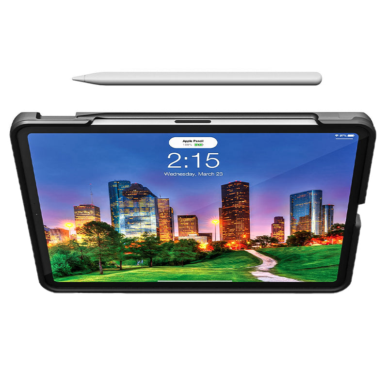 A PIVOT PRO 11 (2nd generation) with a stylus resting above it displays a vibrant cityscape. The screen shows the date "Wednesday, March 23" and the time "2:15." The tablet is encased in a black protective cover, and the stylus is white in color.