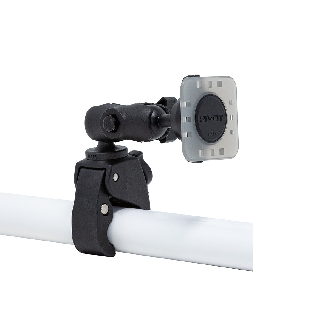 The PIVOT Claw Mount is a black adjustable clamp mount with a gray swivel head attached to a white pole. The swivel head is designed to hold and position a small device or accessory. The mount has a sturdy, industrial design with visible screws and joints for flexibility and secure attachment.