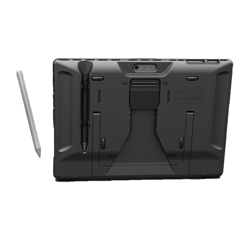 A black rugged tablet case designed for the PIVOT Surface Pro X features a foldable kickstand and an attached stylus holder, shown from the back. The screen is not visible, with a silver stylus placed beside it on the left. The case boasts reinforced corners and a durable design.