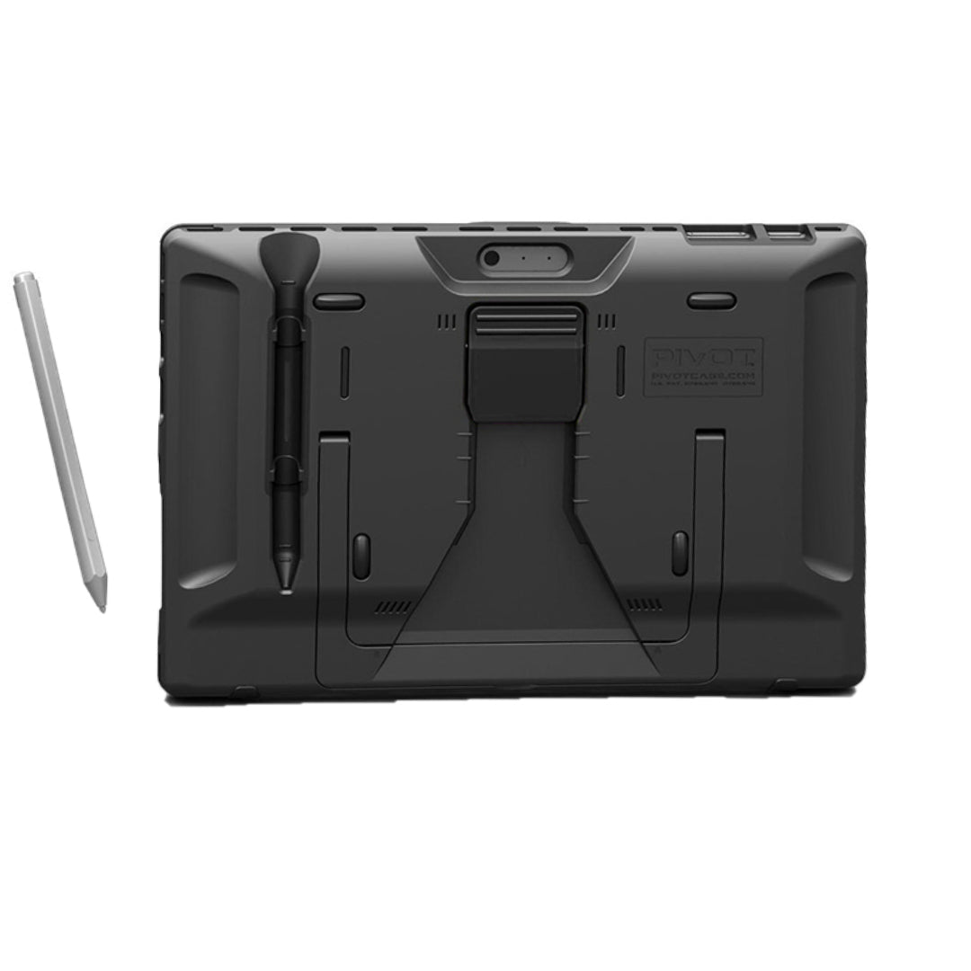 A black tablet resembling a Surface Pro S, encased in a rugged case with an adjustable stand, is viewed from the back. Two styluses are attached to the case—one on the left side and one in the center. The brand name 'PIVOT' is embossed near the top.