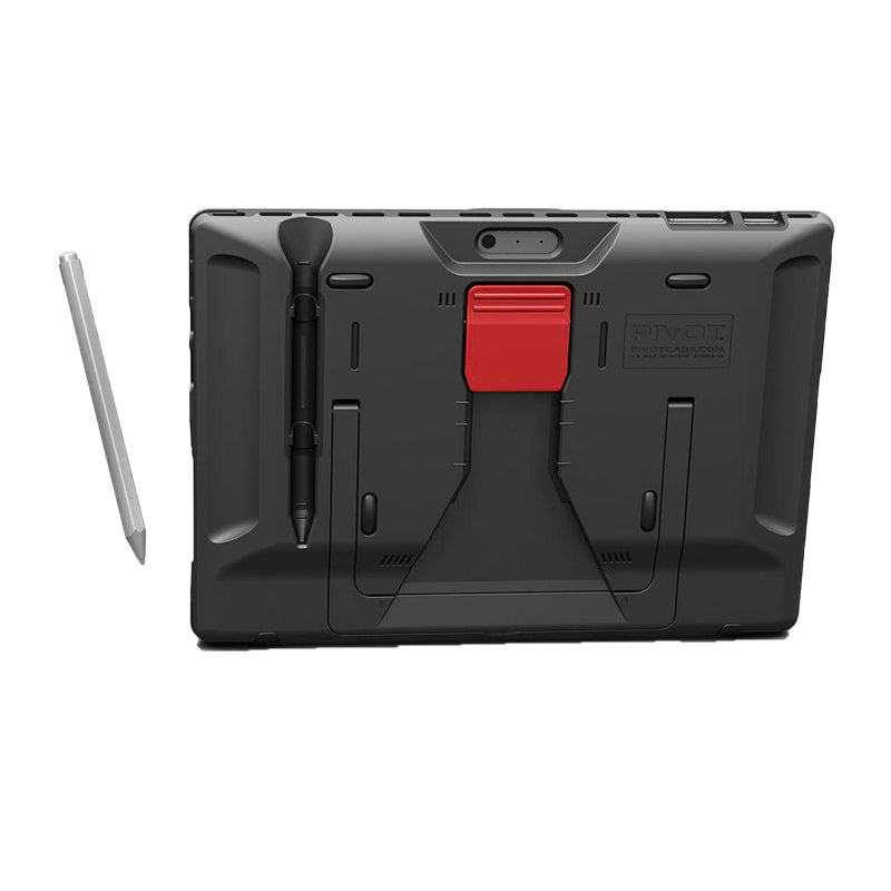 A rugged black tablet case designed for PIVOT Surface Pro X, complete with a built-in stand and a red clip, is displayed. To the left of the case, there is a stylus pen. The stand and clip are both engaged, showcasing the Surface Pro X in a propped-up position.