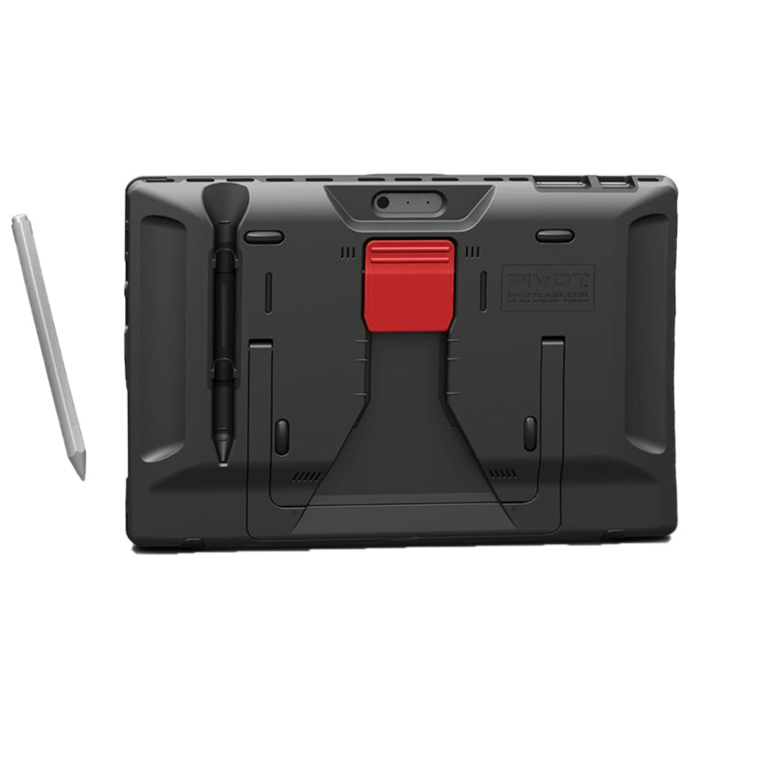 A black and red rugged tablet, reminiscent of the dependable PIVOT Surface Pro S line, features a built-in stand and an attached stylus. A separate stylus pen rests to the left. The design guarantees durability and functionality for various work environments.