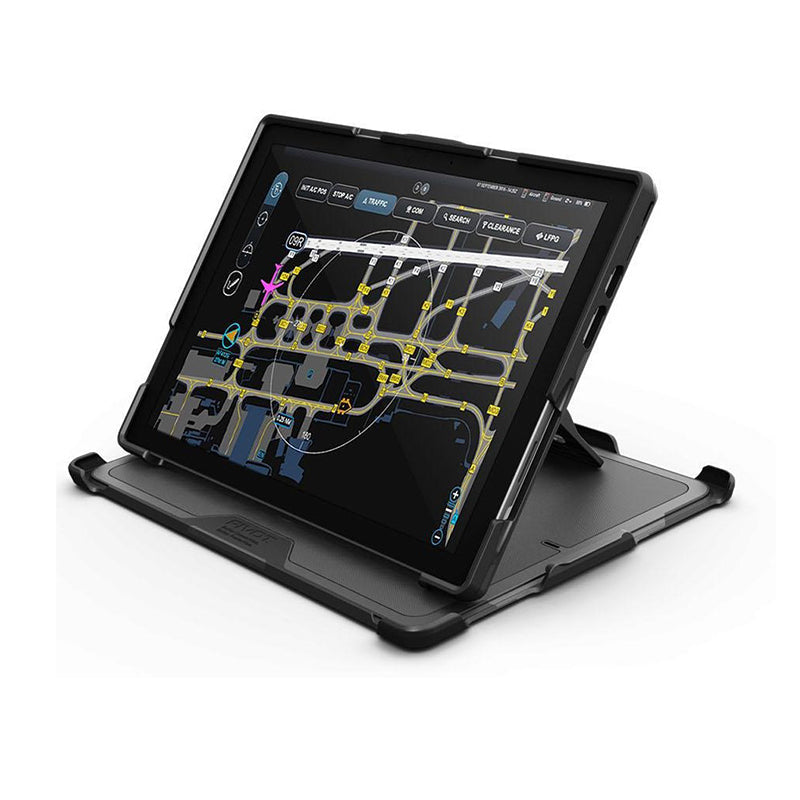 A black PIVOT Surface Pro X with a map on its screen is propped up on a stand. The map displays various routes, symbols, and markings, including a prominent pink "X." The tablet is in a protective case, designed for use on a flat surface.