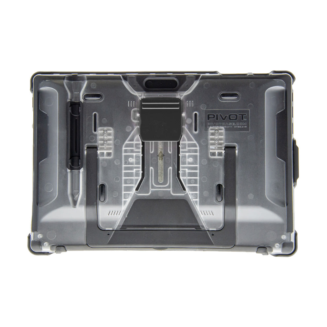 A top-down view of a PIVOT brand Surface Pro S rugged tablet case for the Microsoft Surface Pro 7. It features a transparent back, visible internal components, and secure slots for a stylus and other accessories. The case has reinforced corners and a kickstand for added functionality and protection.