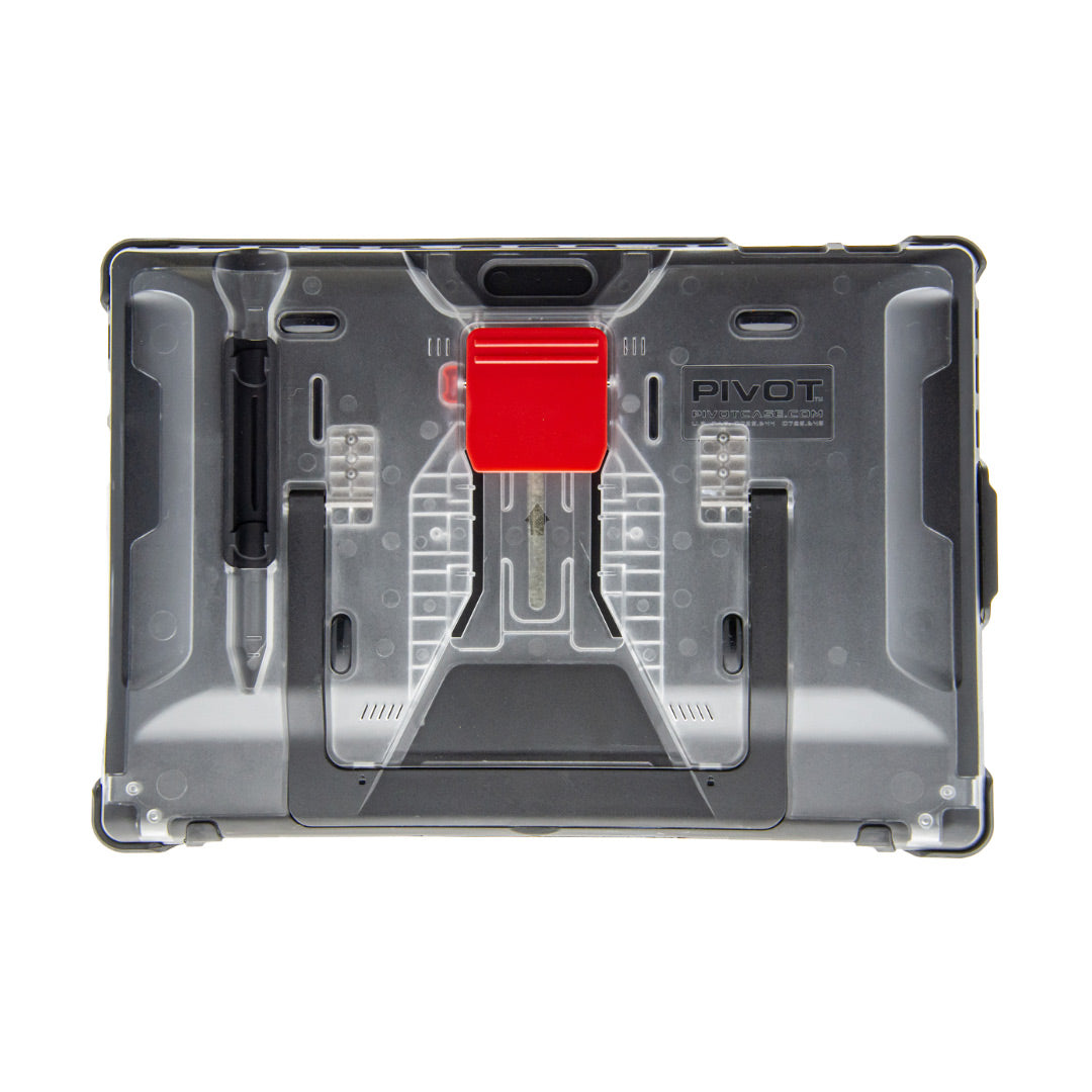 A black transparent plastic case labeled "PIVOT" with multiple compartments, containing various tools including a red clip, a screwdriver, and other hardware instruments—perfect for maintaining your PIVOT Surface Pro S.