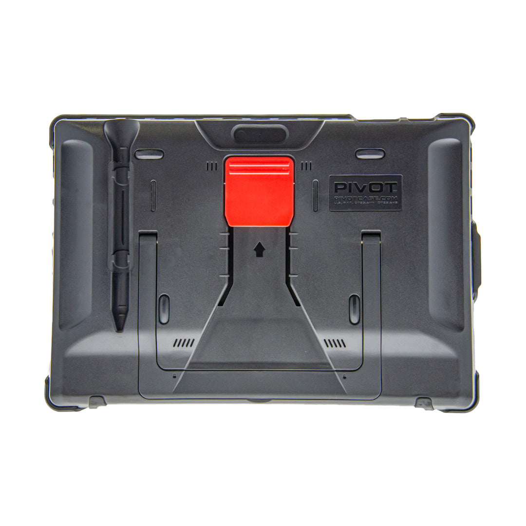 Image of a black, rugged tablet case viewed from the back, showcasing its durable design for PIVOT Surface Pro X. It features a built-in stylus holder on the left side, a red kickstand in the center, and the word "PIVOT" embossed near the top right.