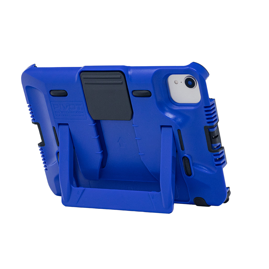 A blue tablet case with a built-in stand is shown from the back. The PIVOT T21A, designed to fit the iPad Mini 6th gen, features reinforced corners, a cutout for the camera, and a rugged, textured design for added protection. The stand is extended, allowing the tablet to be propped up at an angle.