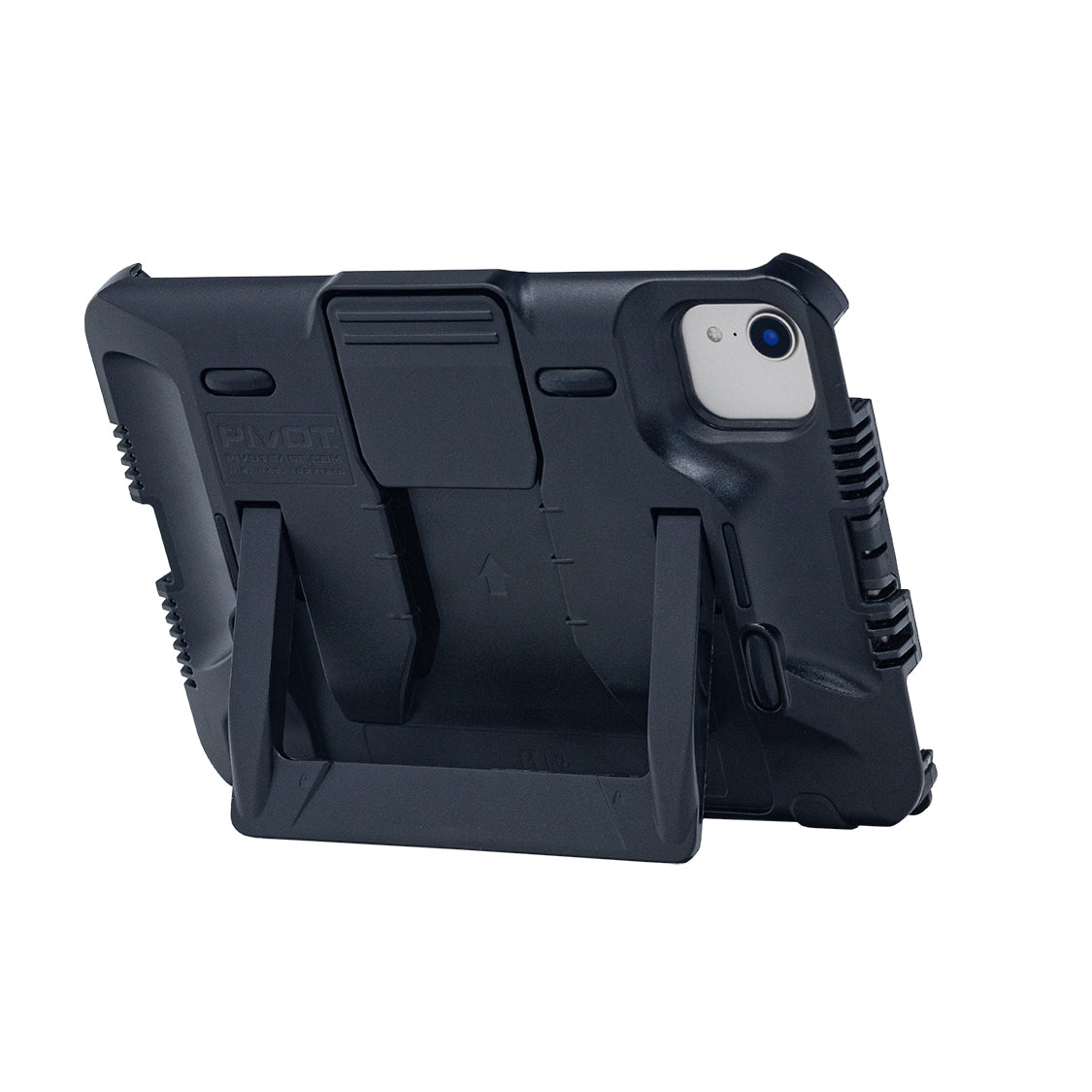 A rugged, black tablet case designed to fit the iPad Mini 6th gen features a built-in kickstand and reinforced corners. Shown from the back with the extended kickstand, it allows the tablet to stand upright, showcasing its camera and other external features. The T21A by PIVOT offers enhanced protection without compromising functionality.