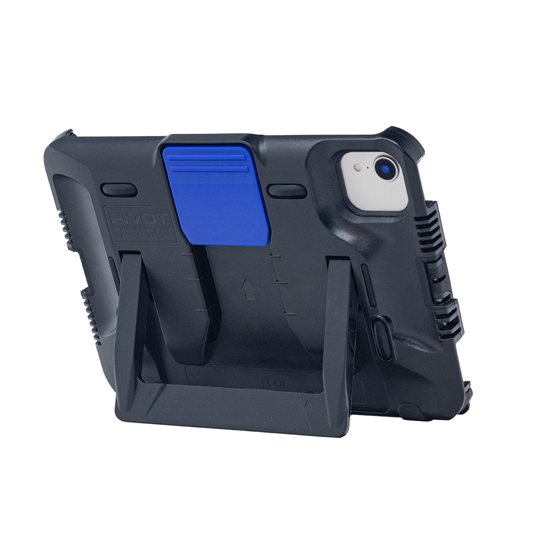 A black and blue rugged protective case is shown holding an iPad Mini 6th gen in a horizontal position. The PIVOT T21A has a built-in kickstand that supports the device for hands-free use. The case appears durable with reinforced edges for extra protection and fits perfectly.