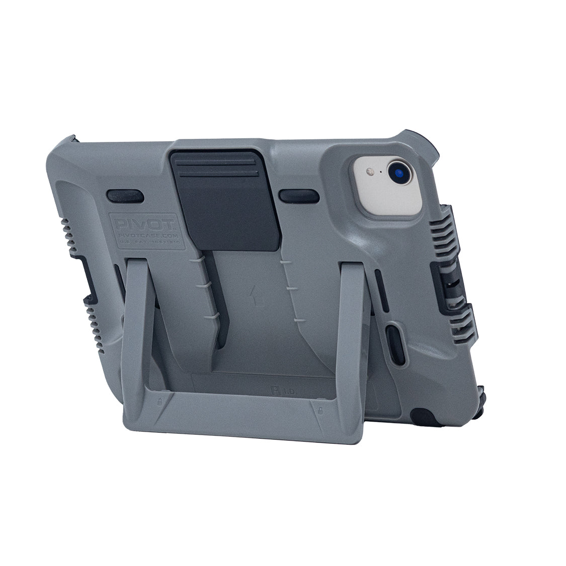 A gray tablet case with a built-in kickstand is shown. The kickstand is extended, allowing the iPad Mini 6th gen to stand upright. The PIVOT T21A case appears rugged and durable, providing substantial protection for the device.