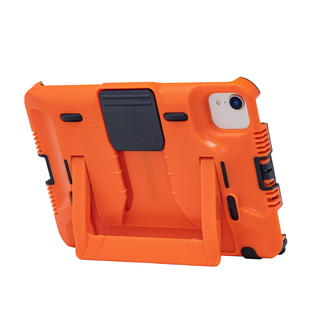 An orange rugged tablet case with a built-in kickstand and black accents, designed to provide heavy-duty protection. The PIVOT T21A fits the iPad Mini 6th gen and features reinforced corners, a hand strap, and a clip on the back. The kickstand can be extended to prop up the tablet.