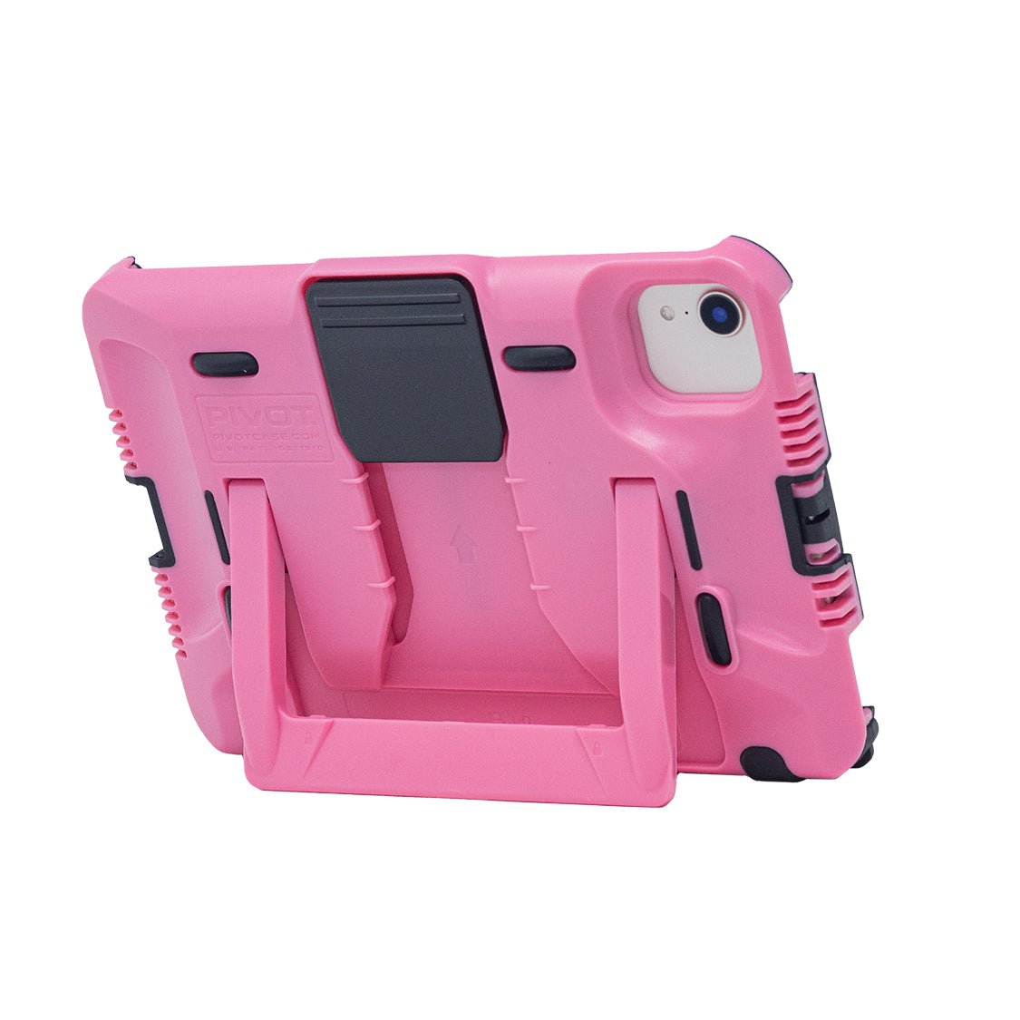 A pink, rugged protective case for an iPhone, featuring a built-in kickstand. The T21A by PIVOT has reinforced corners, black accents, and appears to provide heavy-duty protection for the phone's back and sides. Though designed primarily for an iPhone, its robust build suggests that similar designs could fit devices like the 6th gen iPad Mini.