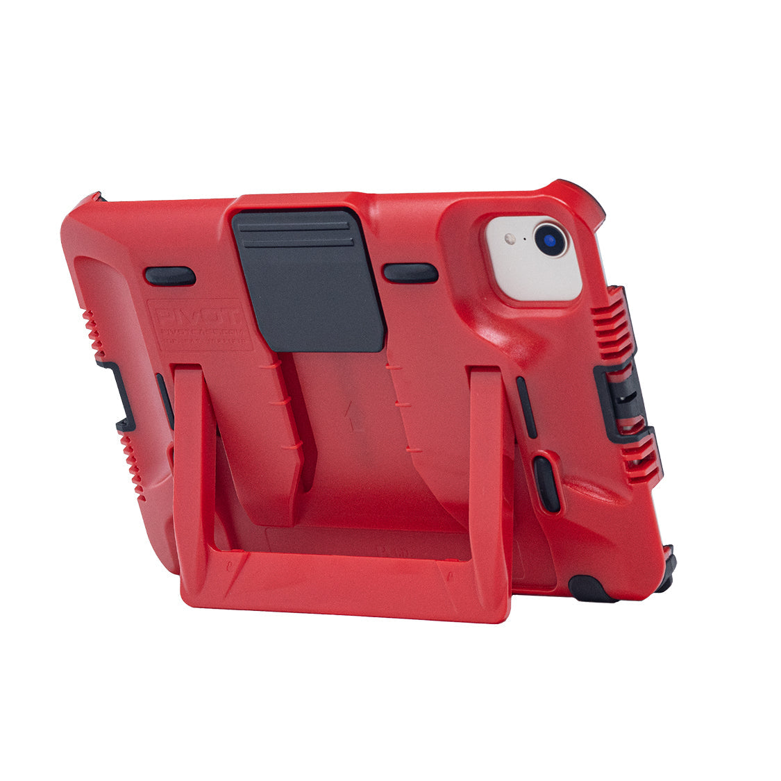 Red T21A by PIVOT with a built-in stand displayed. The case, designed to provide full protection, includes prominent black features for added grip and functionality. The stand is extended to support the phone in a horizontal position. Fits 6th gen devices seamlessly, similar to an iPad Mini case.