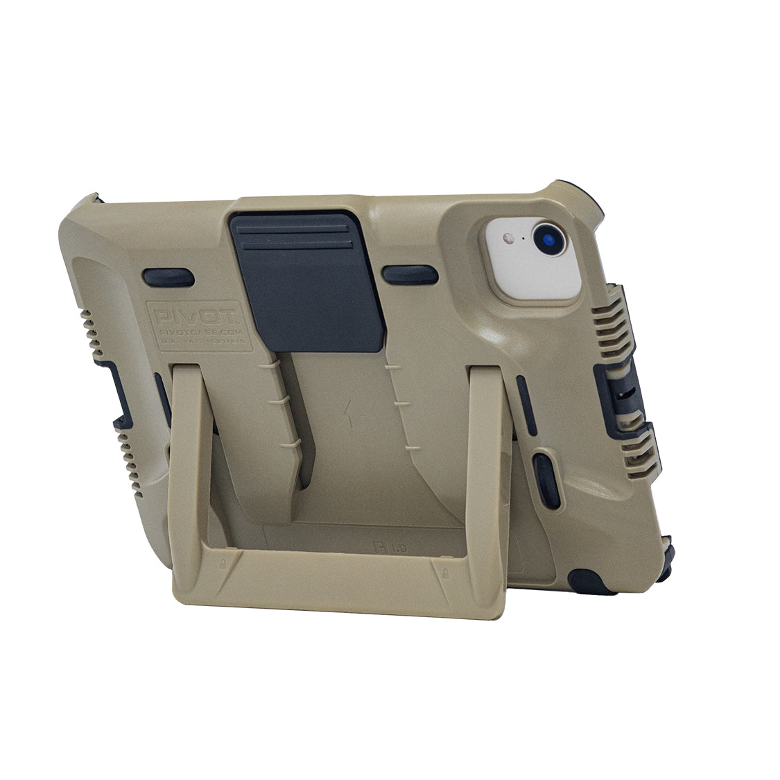 Image of a rugged, beige tablet case with a built-in kickstand, holding an iPad Mini 6th gen in a horizontal orientation. The PIVOT T21A fits securely, featuring reinforced corners and edges for added protection, and has a black accent near the top.