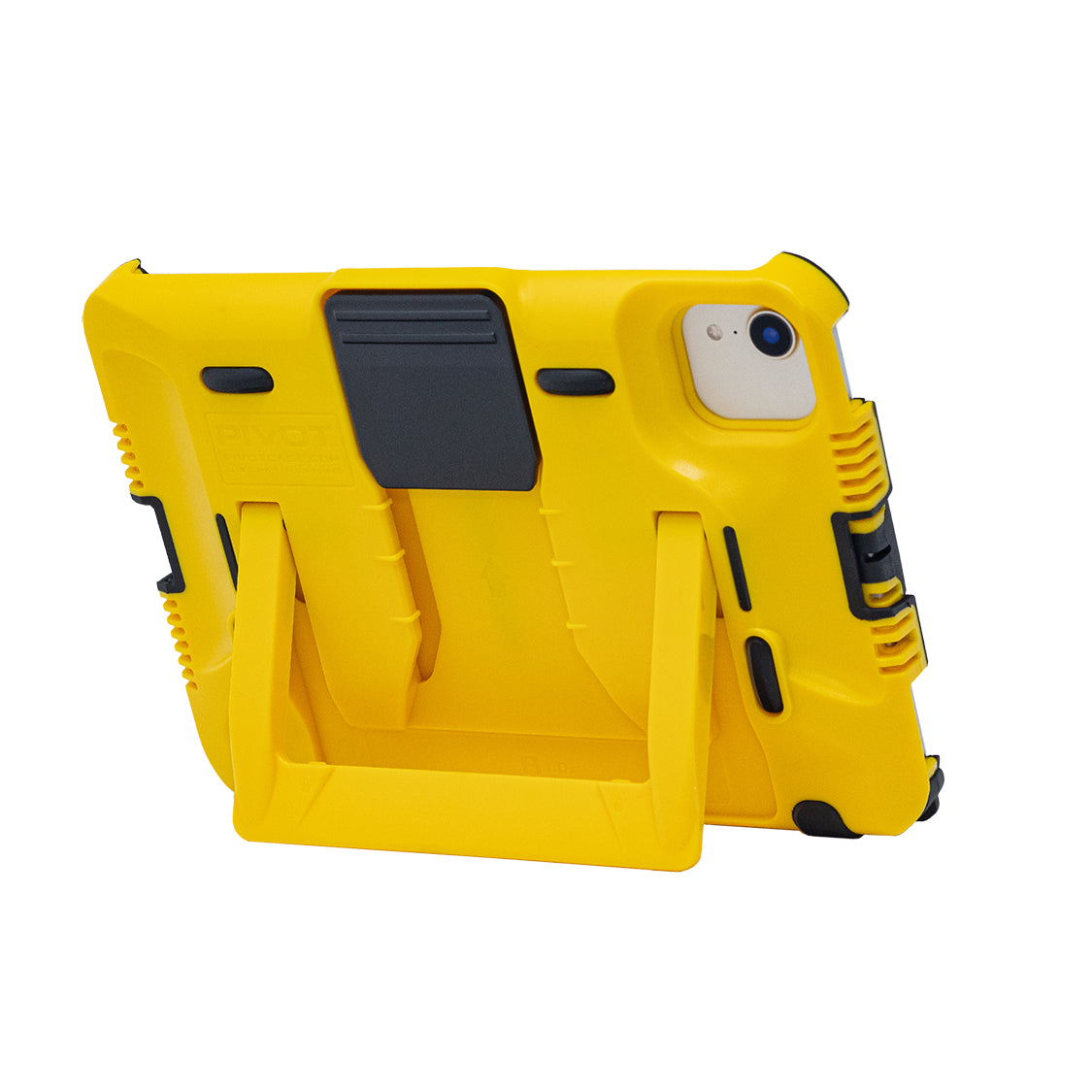 A rugged yellow PIVOT T21A with a built-in black kickstand and heavy-duty design. The case appears sturdy and protective, suitable for providing extra defense for a 6th gen iPad Mini. The rear side features reinforced corners and grip-enhancing details.