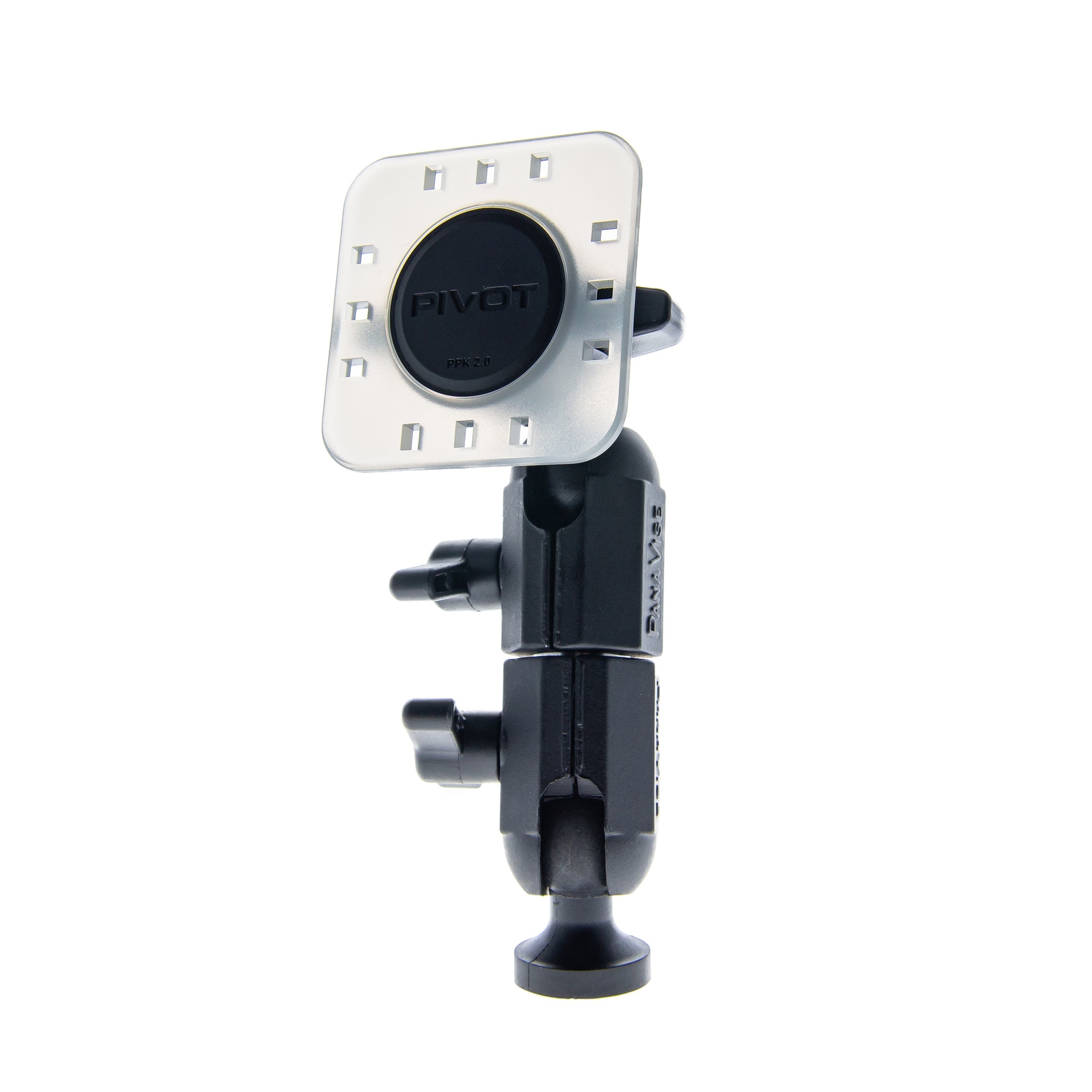 A black adjustable camera mount with a square base labeled "PIVOT Tripod Mount" by PIVOT featuring a round central hinge. The mount has multiple knobs for adjusting angle and position, designed for securing and maneuvering camera equipment. The image is set against a white background.