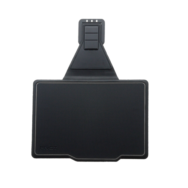 A black car accessory, likely a license plate holder or phone holder, with a rectangular shape and a triangular top section featuring small notches and a clasp mechanism at the upper part. The word "Folio Cover - PIVOT 10X" is embossed in the bottom left corner.