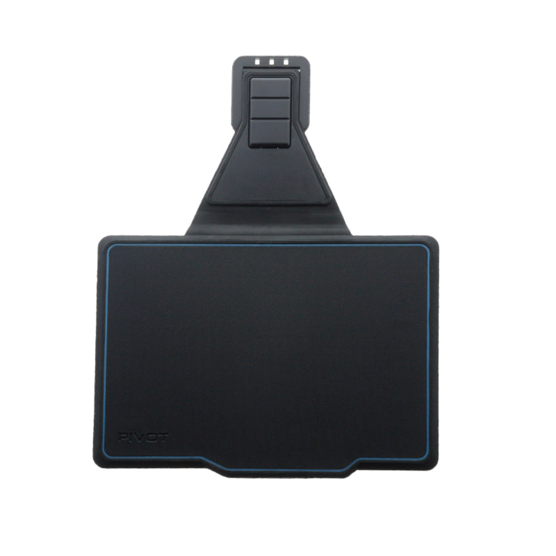 A black, rectangular PIVOT Folio Cover - PIVOT 10X with adjustable clamp and pivoting head. The bottom part attaches to a dashboard and the top part has a clamp to secure the phone. The device appears durable with a minimalist design.