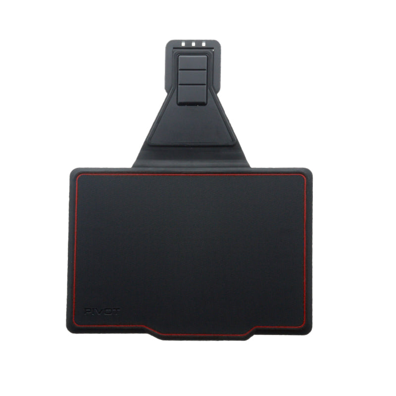 A black mouse pad with red stitching around the edges. Attached to the top is a black plastic clip, allowing it to be secured to a surface. The brand name "PIVOT" is printed in the bottom left corner of the mouse pad, matching the sleek functionality of their Folio Cover - PIVOT 10X case for iPad Air 3.