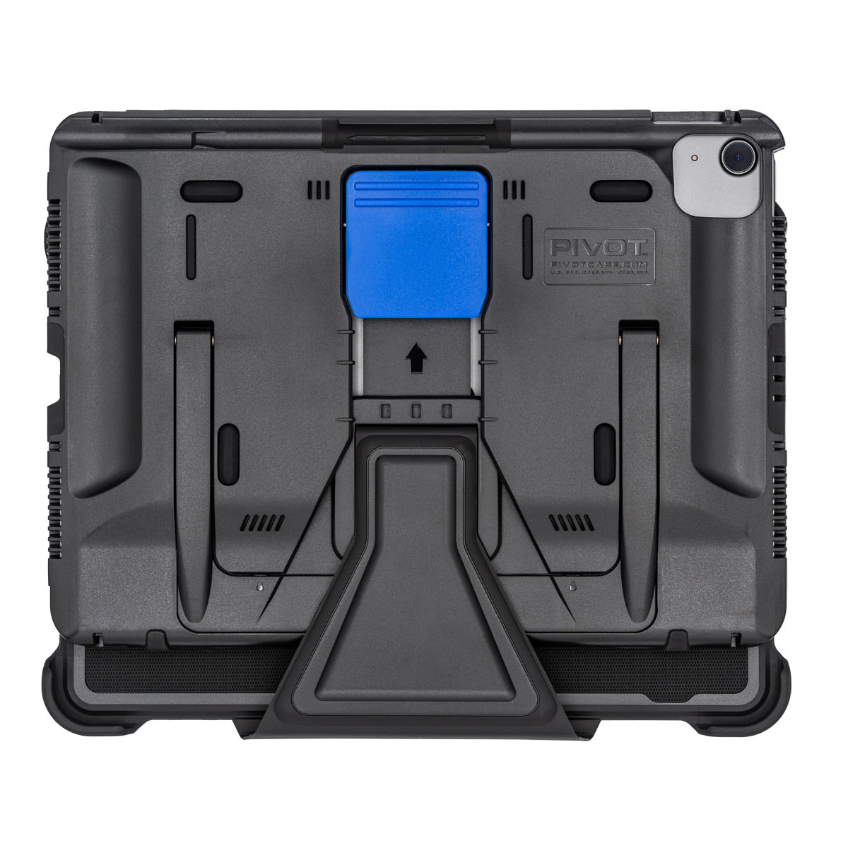 A rugged, black Folio Cover for PIVOT A20A from the Atlas Series with a built-in blue kickstand is shown. The back features multiple grooves, slots, and a sliding mechanism. The brand name "PIVOT" is embossed on the upper right side. The tablet's camera is partially visible.