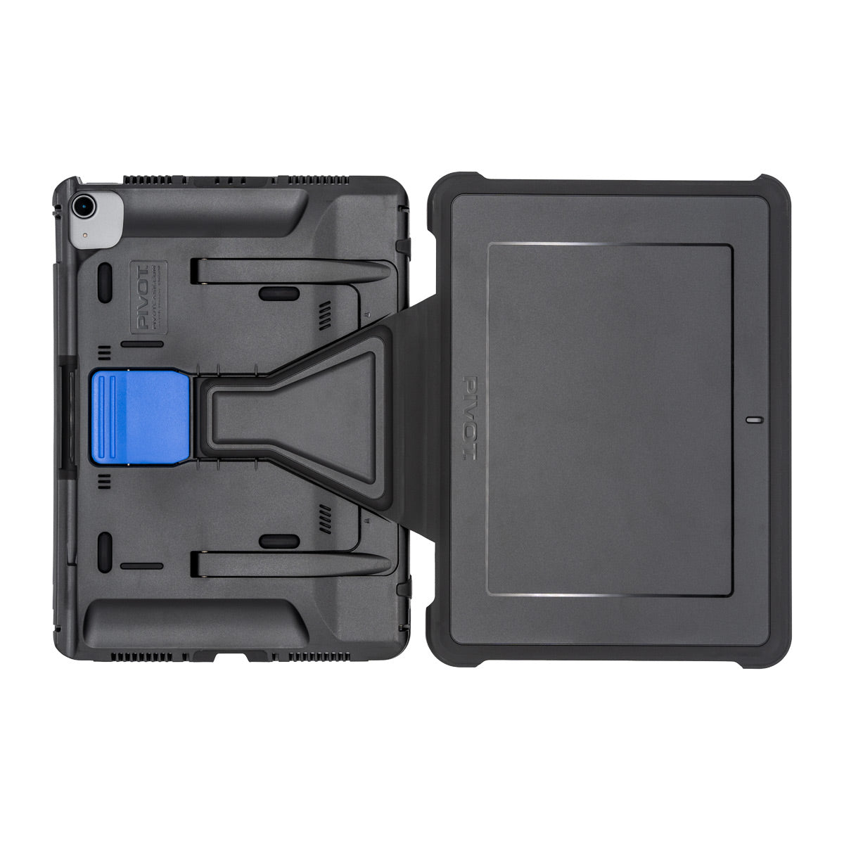 A rugged black and blue PIVOT Folio Cover for PIVOT A20A with an integrated handle and pivoting stand lies next to its detached protective cover. The case features reinforced edges and a sturdy design, offering enhanced durability and protection for the device.