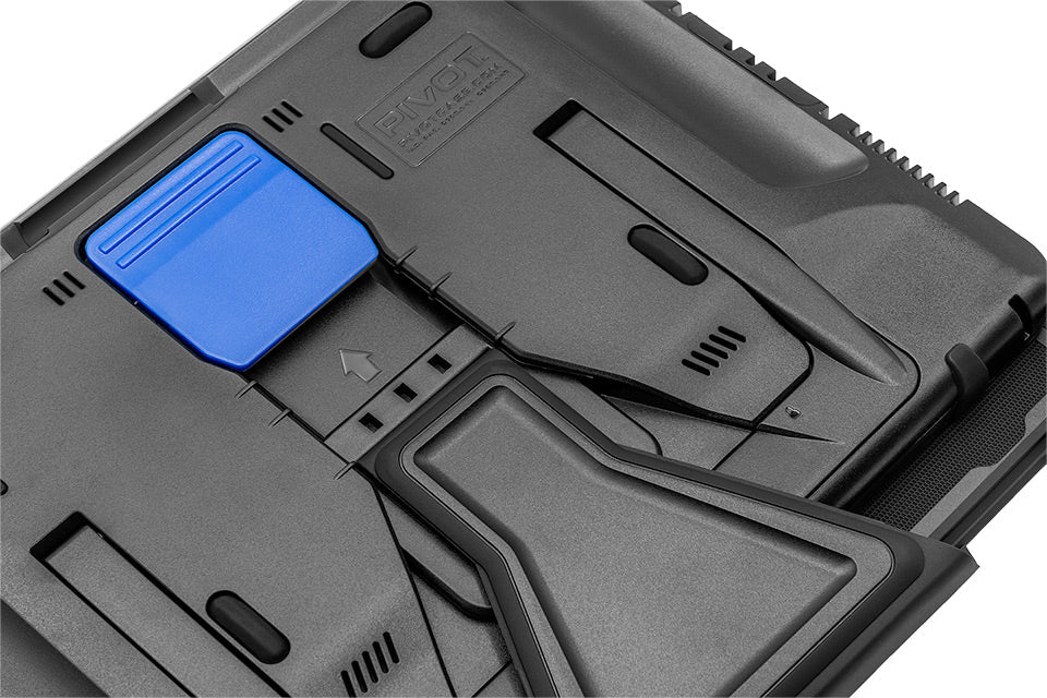 Close-up image of the underside of a black and blue pivoting plastic object, possibly part of a household or office appliance. The blue section appears movable, with an arrow indicating the direction of movement. The surface has vent-like structures and textured details, reminiscent of the Folio Cover for PIVOT A20A design by PIVOT.