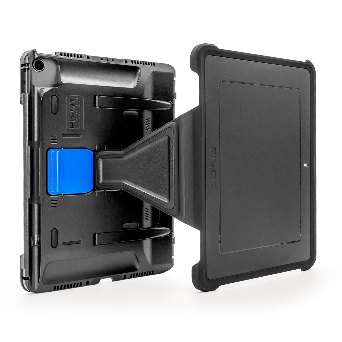 The PIVOT PRO 11 tablet encased in a rugged black Folio Cover for PIVOT A20A is attached to an adjustable stand. The stand, featuring a blue locking mechanism from the PIVOT Atlas Series, holds the tablet securely in place, allowing for various viewing angles. The setup is designed for durability and functionality.