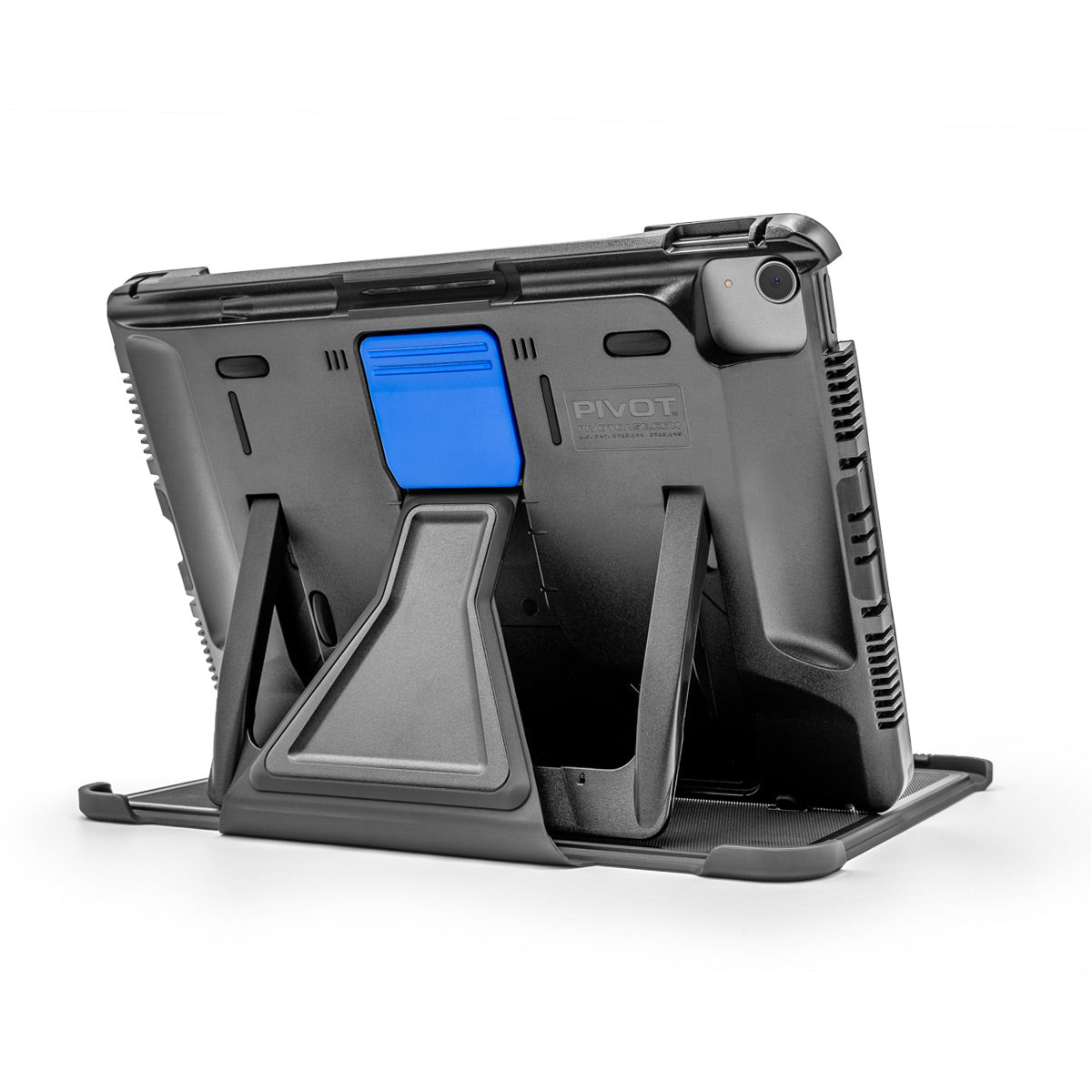 A black tablet from the PIVOT A20A Atlas Series is shown with its rugged Folio Cover for PIVOT A20A and stand extended, supporting it upright. The cover features a blue latch and textured grips, designed for durability. The background is plain white.