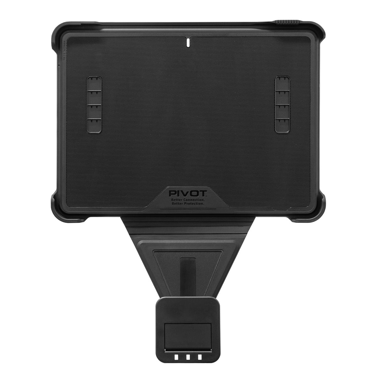 A black Folio Cover for PIVOT A20A, tailored for attaching to a vehicle's dashboard. It features a stable, broad base with an adjustable clamp mechanism to securely hold various tablet sizes. The PIVOT logo is prominently displayed on the front panel.