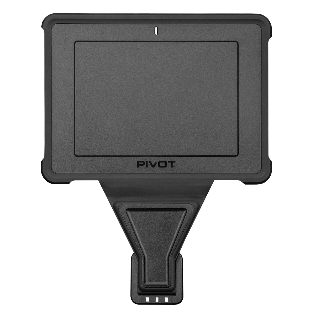 A black rectangular device labeled "Folio Cover for PIVOT A20A" on the front. It features a screen and a sturdy base with extendable connectors, likely used for interfacing with other electronic devices. The sleek design suggests it is used in a professional or technical setting.