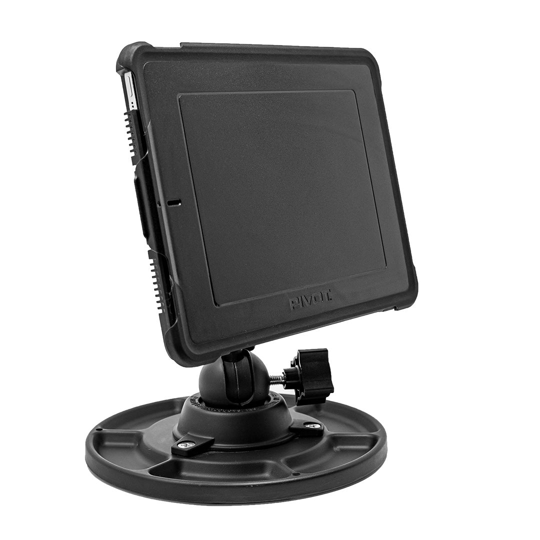 A black tablet, possibly a 2nd gen model, is encased in a robust PIVOT Screen Cover and mounted on a round, adjustable stand with a smooth base. The setup suggests stability and flexibility for positioning the tablet at various angles. The case offers substantial protection with ridges and reinforced corners.