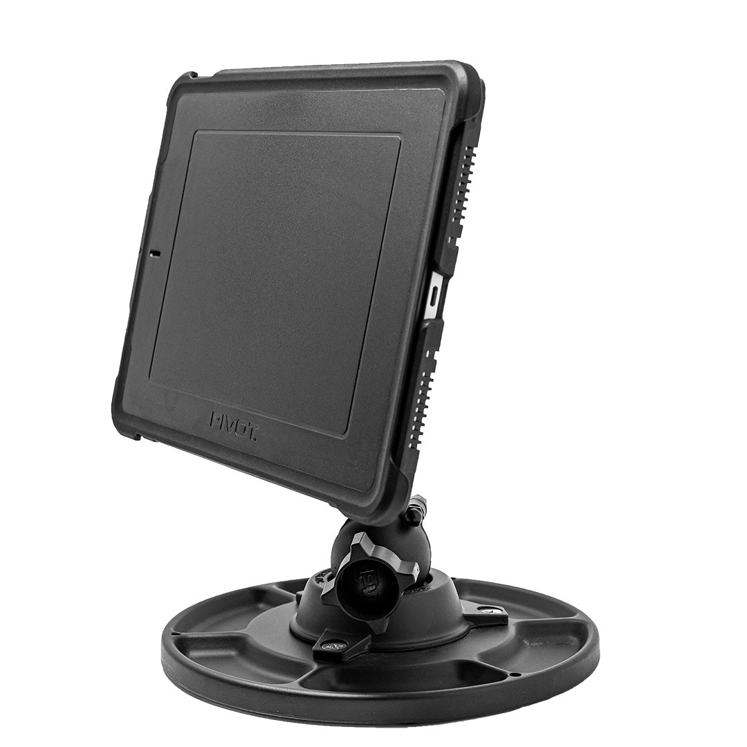 A black tablet, possibly the PIVOT PRO 11, is mounted on a sturdy, adjustable stand. The stand has a circular base with a joint allowing the tablet to be tilted and rotated for optimal viewing angles. The rugged Screen Cover by PIVOT provides durable protection for this 2nd gen device.