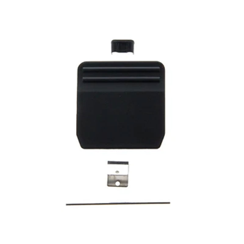 An image showing the PIVOT Clip Kit for a mailbox flag, which include a black rectangular bracket, a compatible metal clip, and a thin metal rod.