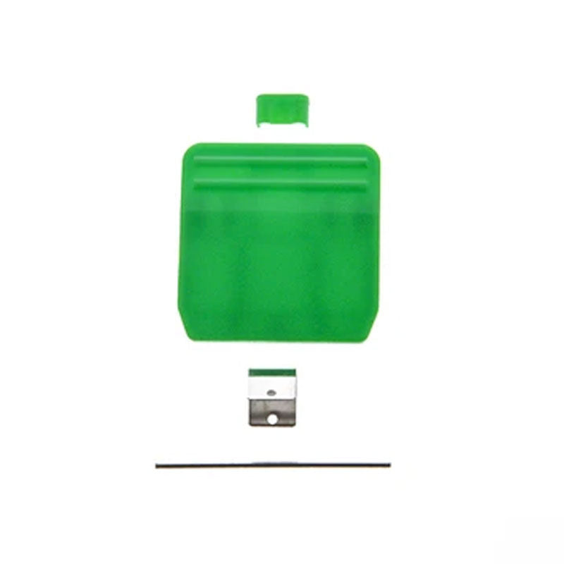 A green, square-shaped plastic scraper with a detachable blade. The PIVOT Clip Kit has a ridged grip for handling. Also visible are the metal blade and the compatible clip, arranged on a plain white background.